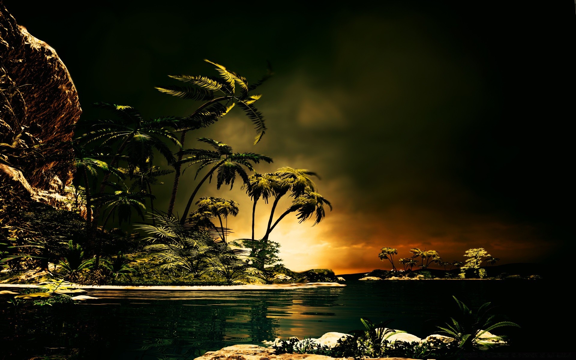 gráficos 3d puesta de sol agua playa árbol naturaleza viajes amanecer sol al aire libre océano noche paisaje mar tropical mar isla paisaje cielo verano