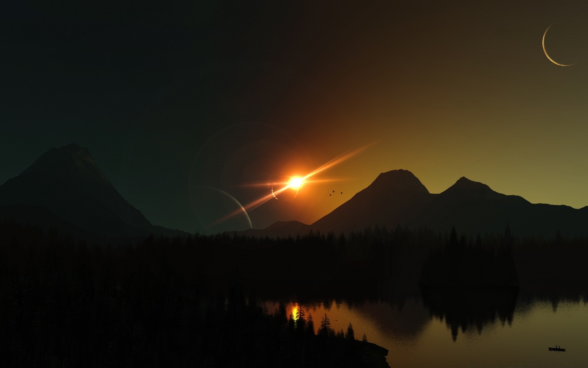 3d графика закат рассвет пейзаж вечером горы отражение озеро свет небо воды сумрак силуэт подсветкой туман солнце