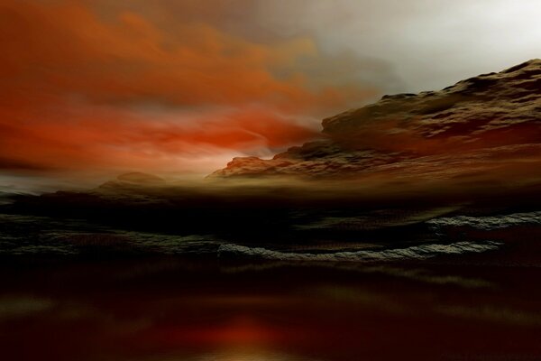 3-d image of mountains at sunset in a red haze