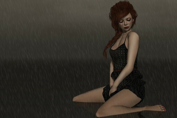 Girl in black crying in the rain