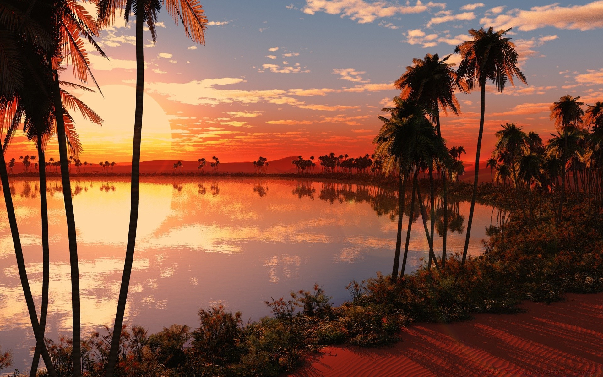 3d графика пляж тропический ладони океан закат моря воды песок экзотические остров путешествия солнце кокосовое рай отпуск море лето курорт дерево
