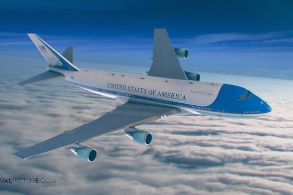 The plane is flying above the clouds in the blue sky