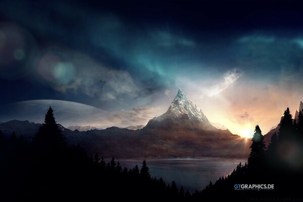 Fantasy. Sunrise. Mountains. Sphere in the sky