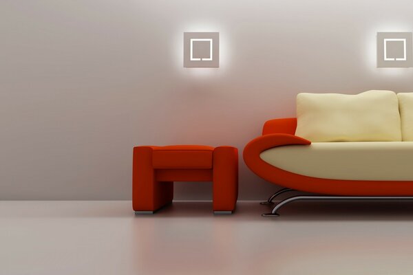 Modern interior with sofa and ottoman in red