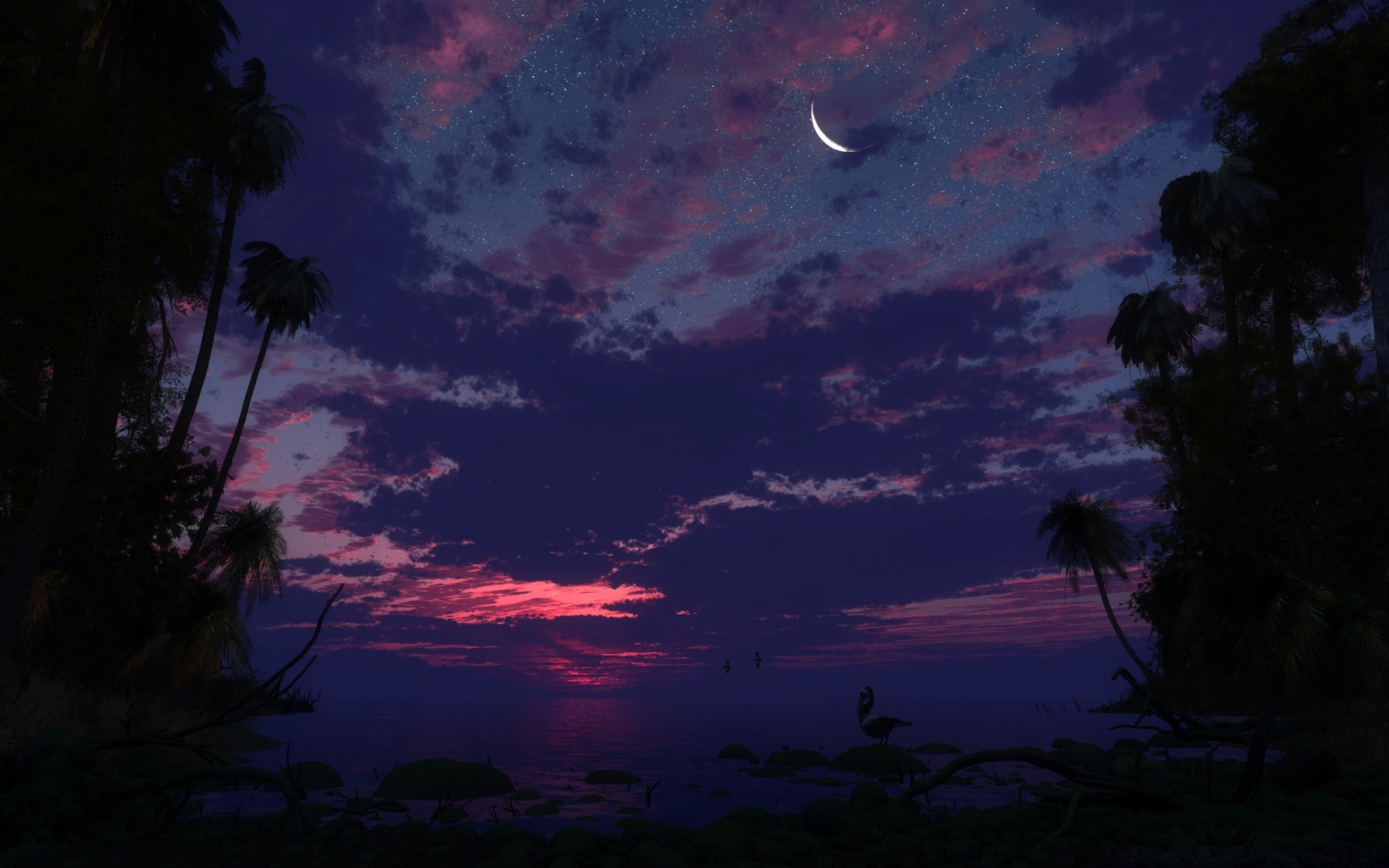 gráficos en 3d noche puesta de sol paisaje silueta crepúsculo árbol cielo luz iluminado océano amanecer naturaleza playa agua escénico mar mar al aire libre luna