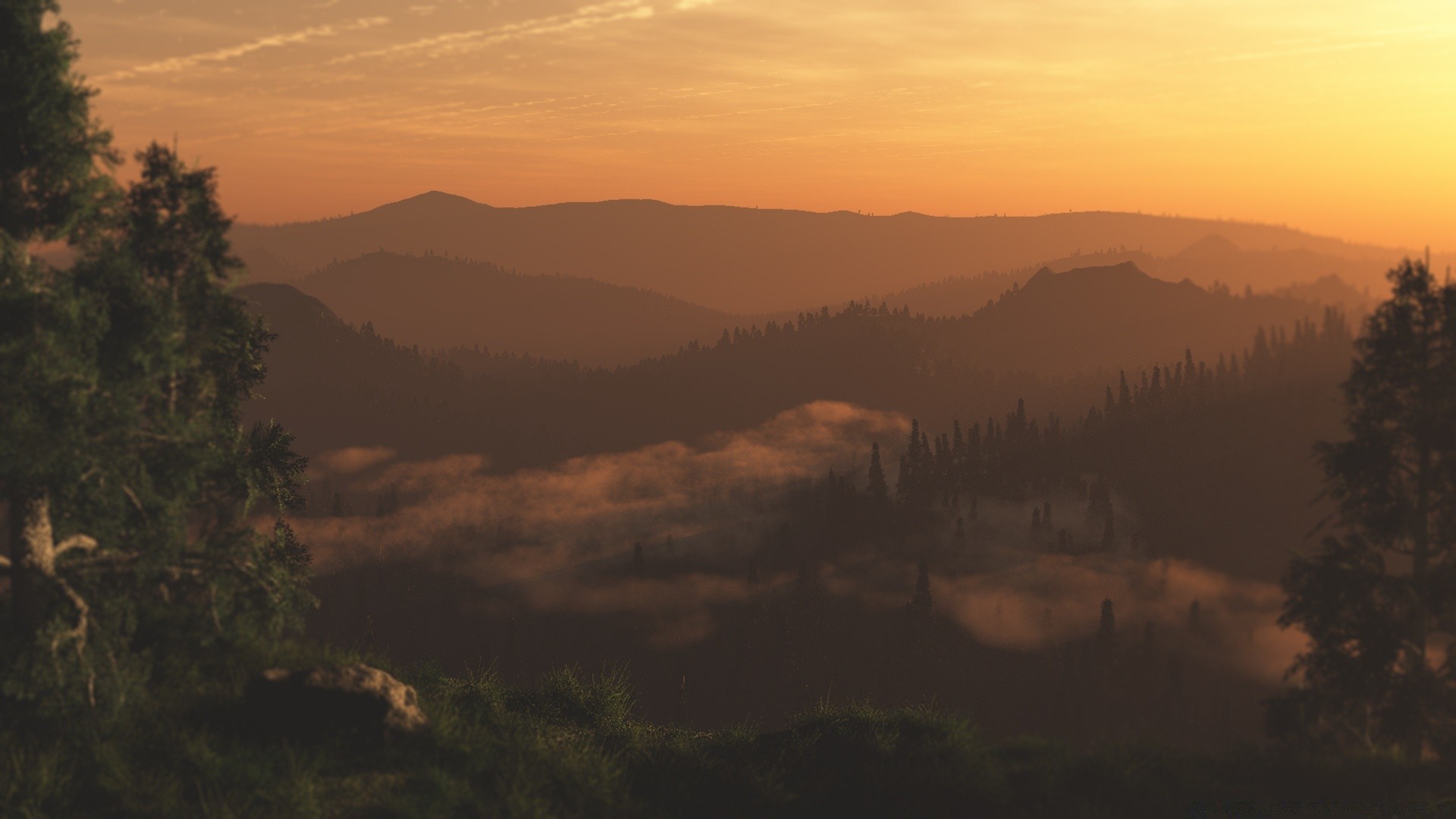 3d graphics mountain landscape sunset fog dawn tree sky mist nature evening outdoors travel wood light daylight hill dusk sun