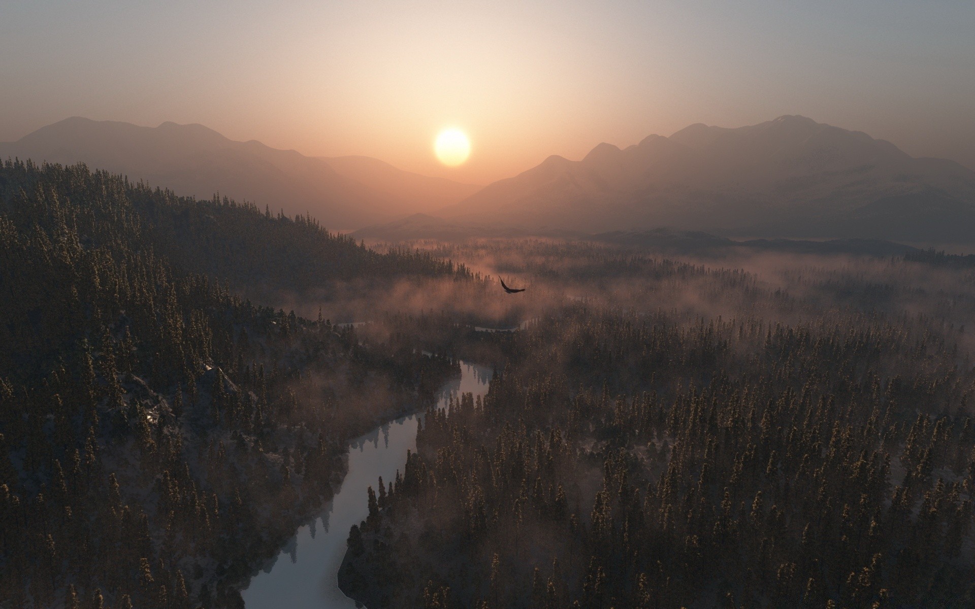 3d graphics dawn landscape sunset fog lake water mountain reflection evening mist sky tree river outdoors nature dusk travel light