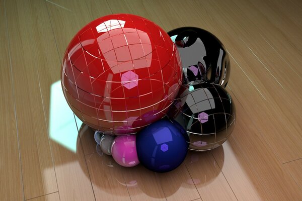 3d graphics of balls of various colors and sizes