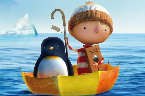 A boy and a penguin are floating on the sea in an umbrella