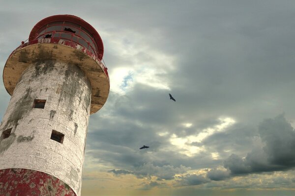 An old lighthouse against a gray sky