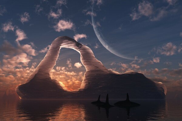 3D sunset on the sea