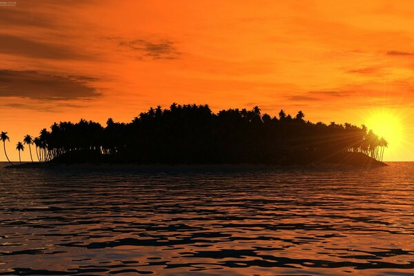 The sea and a tropical island at sunset