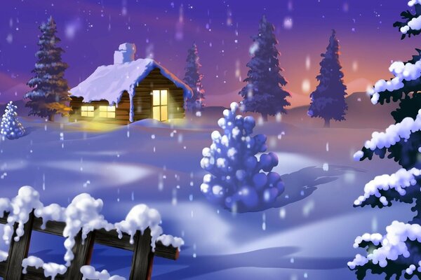 Dibujo de una casa cubierta de nieve con árboles de Navidad