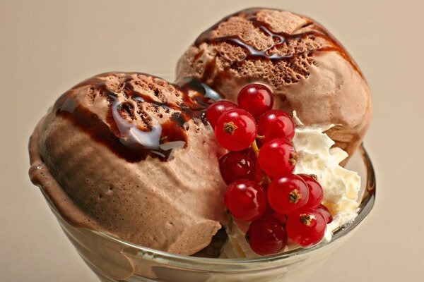 Zwei Kugeln Schokoladeneis mit Johannisbeeren