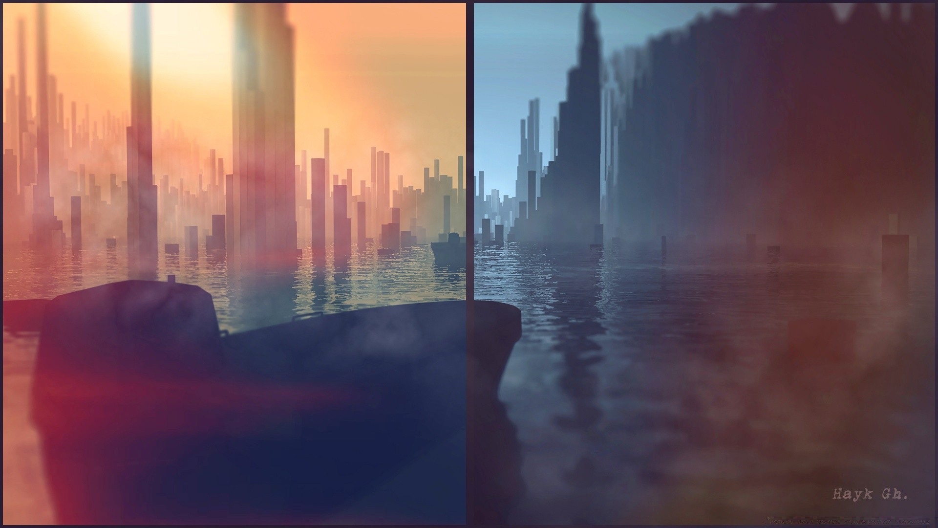 3d graphics reflection dawn sunset silhouette light water evening fog dusk city landscape backlit river lake travel mirror mist sun