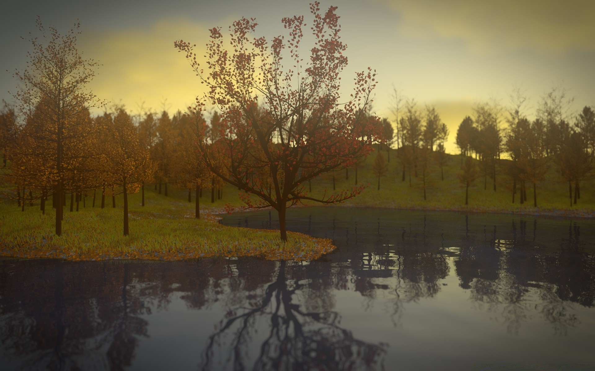 grafica 3d albero paesaggio riflessione autunno alba lago natura fiume acqua legno sera parco ramo luce all aperto nebbia tramonto ambiente stagione