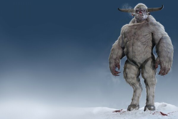 Horned bloodthirsty monster in the snow