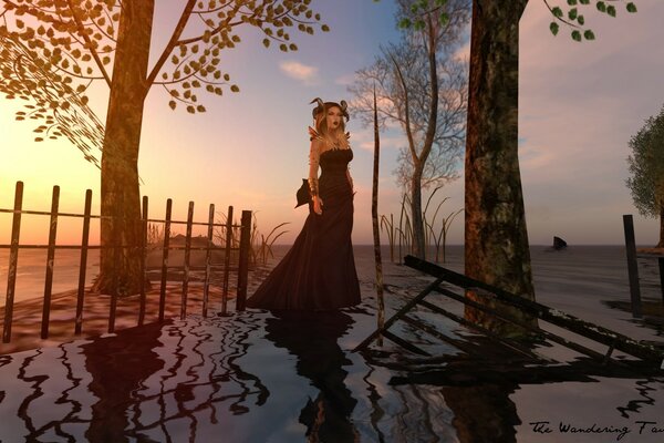 A girl in the water at sunset