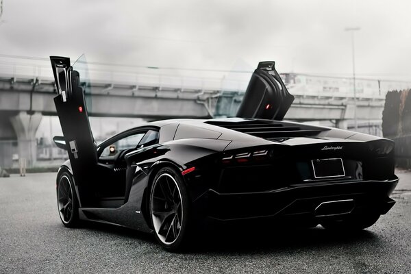 Sporty black Lamborghini car on a gray urban background