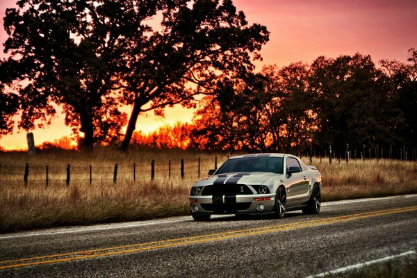 Auto fährt bei Sonnenuntergang auf der Strecke