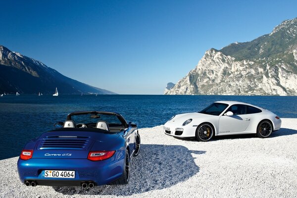 Photos of sports cars on the background of snow and sea