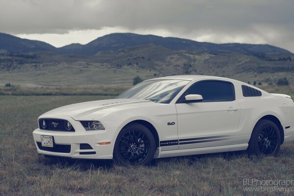 Ford Mustang auf dem Hintergrund der Berge