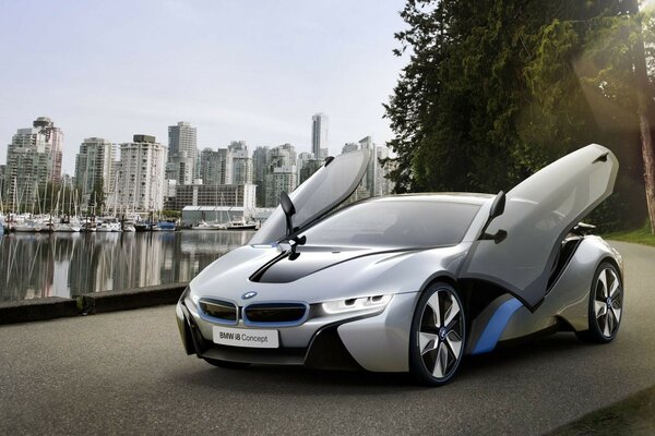 Photo of a bmw sports car on the background of the city