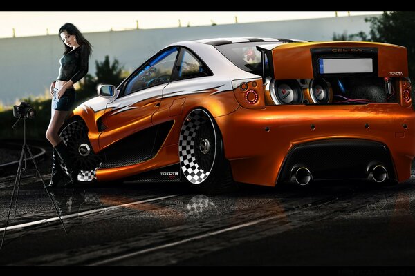 Beautiful girl with a cool orange car