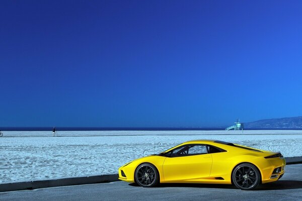 Yellow car on the ocean