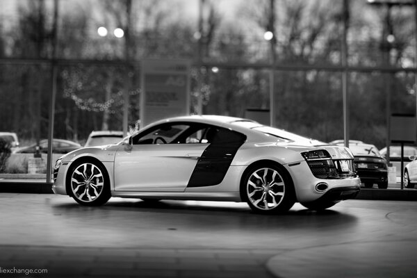 Sports car black and white photo