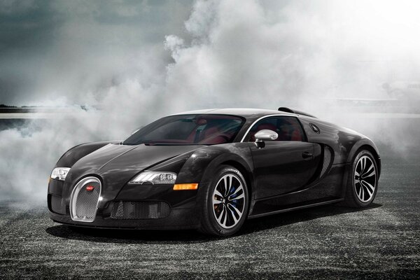 A car in a fog of black Bugatti