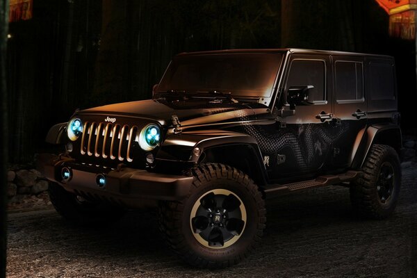 Jeep negro con faros azules