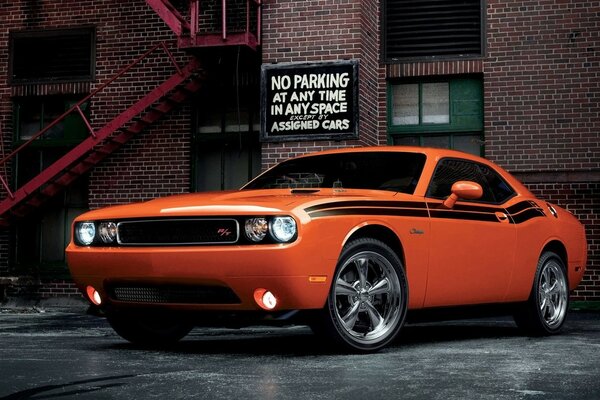 Orange car on a brick wall background