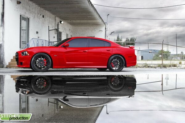 El coche rojo se refleja en un charco de blanco negro