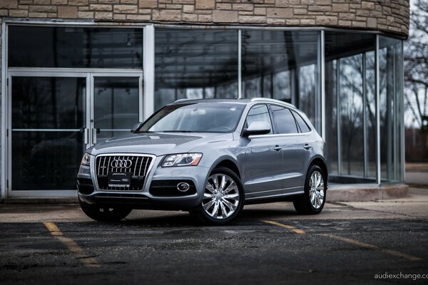 The Audi is parked near the glass display cases