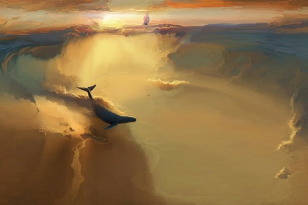 Fantastic image of a flying whale over the sea fog