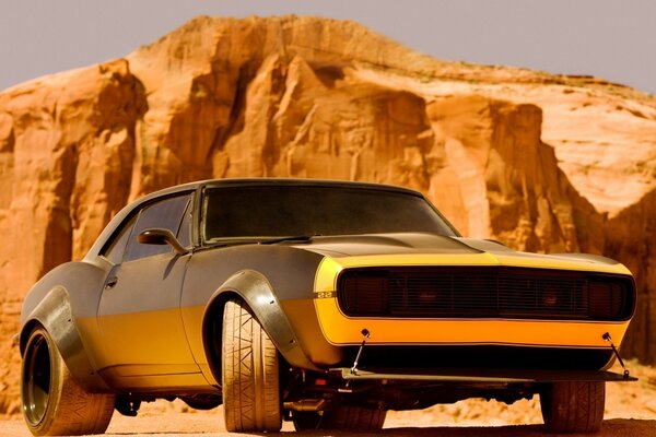 Golden sports car in the desert