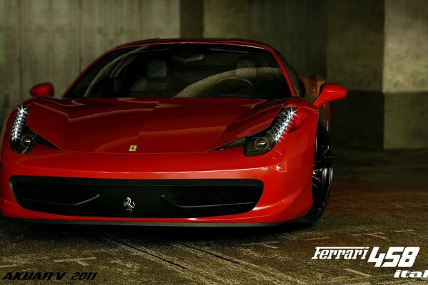 Coche rojo Ferrari 458 Italia en el garaje interior