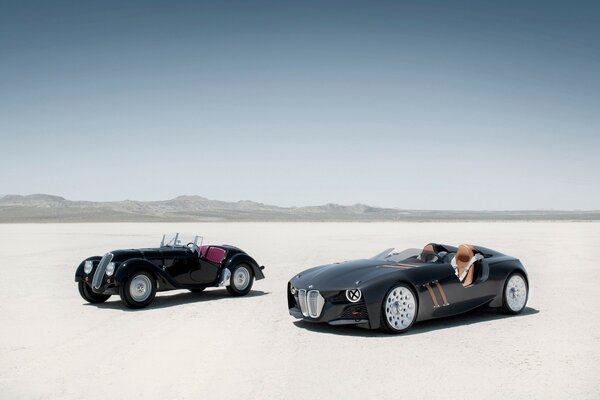 Two cars in the white desert