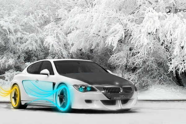 Coche blanco en el hielo en el bosque nevado