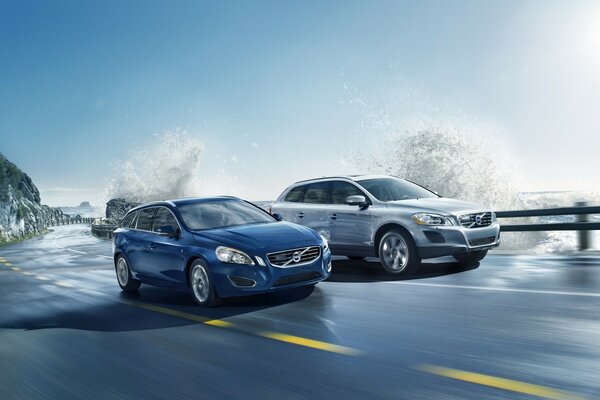 Two cars on the road on a winter morning