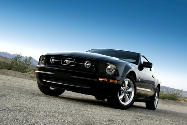 Mustang car black car mountain road