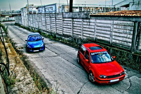 The road among Car garages warehouses