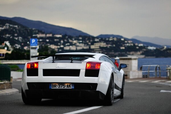 The back of a white car on a beautiful background