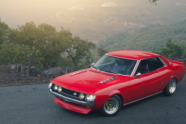 Red car on the edge of a cliff