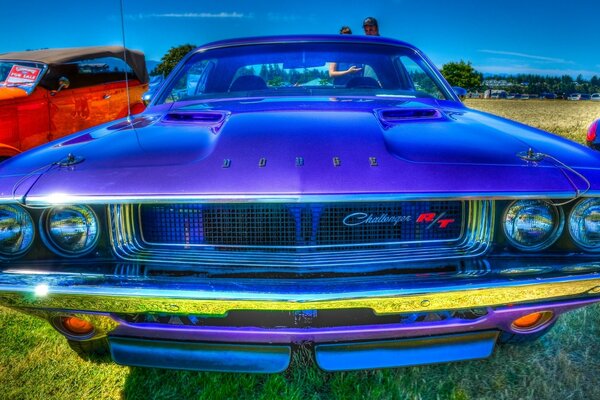 Coche de neón iluminado en el campo