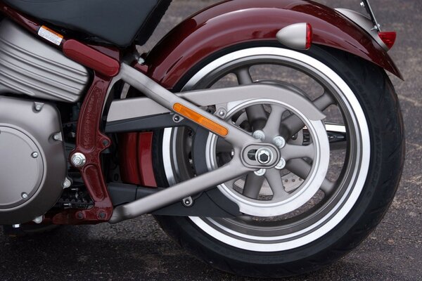 The wheel of a powerful red motorcycle