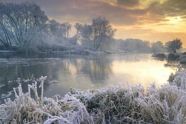 Winter landscape of the river and frost-covered trees