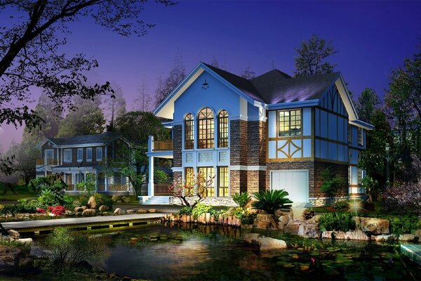 Casa Azul em um pequeno lago