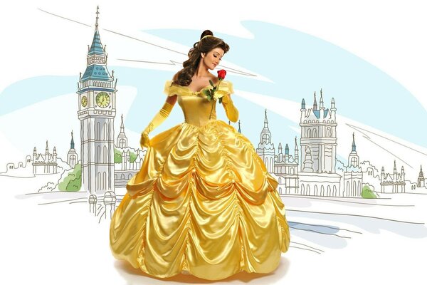 Принцеса в золотій сукні нюхає троянду